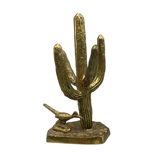 Vintage Brass Saguaro Cactus Roadrunner Statue Southwestern Decor 60s MCM - Picture 1 of 7